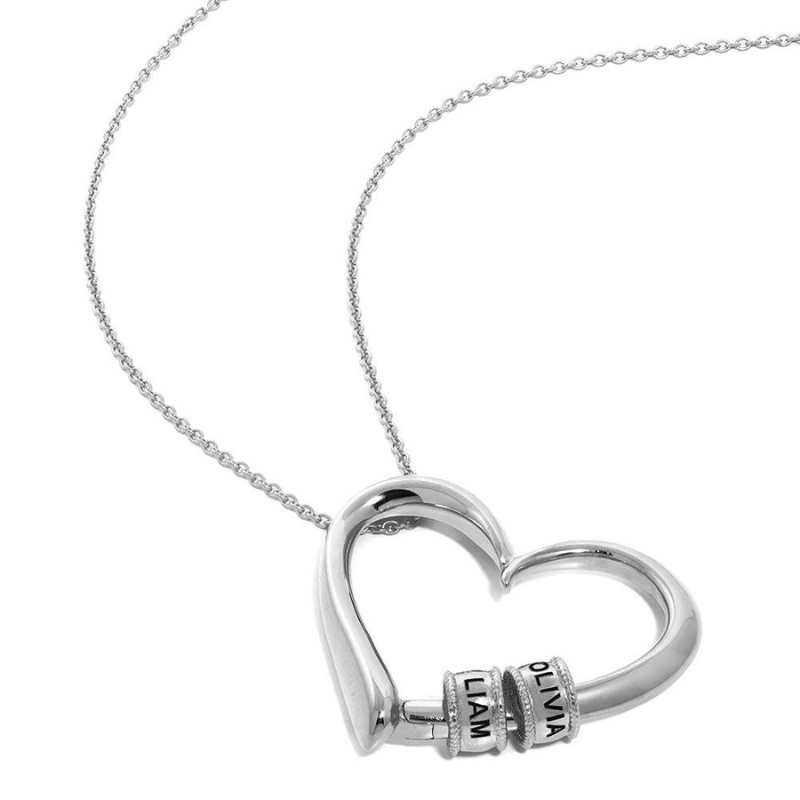 Personalized Heart Pendant Necklace with Custom Name Beads Silver