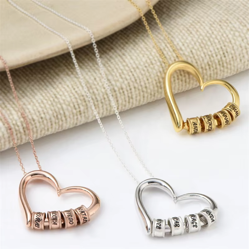 Personalized Heart Pendant Necklace with Custom Name Beads Rose Gold