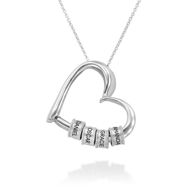 Personalized Heart Pendant Necklace with Custom Name Beads Silver